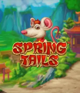 A charming illustration of a mouse dressed in traditional Chinese attire positioned in front of a scenic mountain backdrop. The image represents the Spring Tails Slot by Betsoft, highlighted with striking red and gold logo lettering.