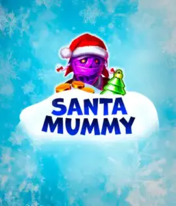  Experience the whimsical "Santa Mummy" slot game by Belatra, showcasing a mummified Santa dressed in festive holiday attire. This colorful image presents the mummy with a vivid purple hue, wearing a Santa hat, surrounded by snowy blue and frosty snowflakes. The game's title, "Santa Mummy," is prominently displayed in large, icy blue letters.